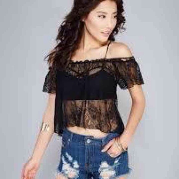 New Black Open Shoulder Lace Top - Picture 3 of 3